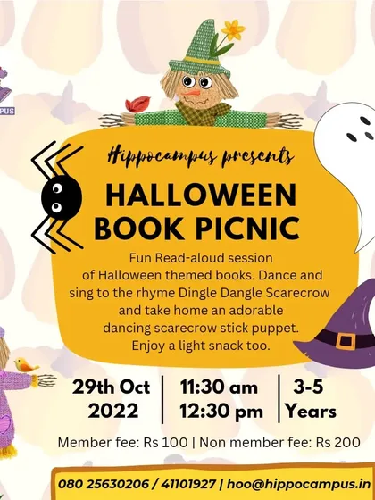 A spooky, not-so-scary Halloween Book Picnic! We read fun Halloween-themed books, danced to the 'Dingle Dangle Scarecrow' rhyme, and made adorable dancing scarecrow stick puppets.