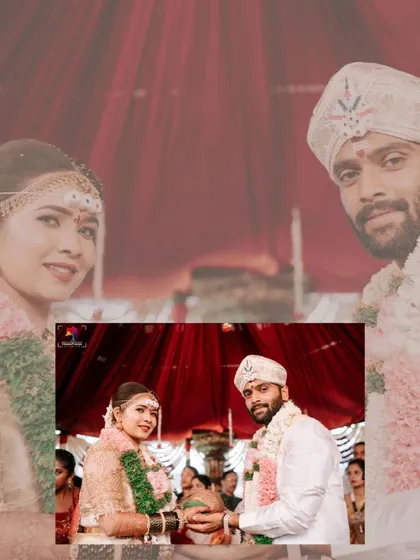 A classic portrait of the bride and groom during their wedding ceremony. This shot captures their formal look as they participate in the sacred rituals.