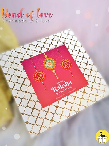A top-down view of the "Bond of Love" Rakhi hamper box, handmade with love for the special festival.