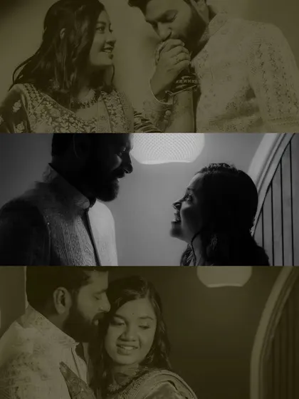 A collage of intimate black and white moments from a wedding reception, capturing the couple's connection and quiet conversations.