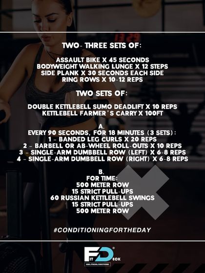 Today's conditioning workout. This session combines assault bike sprints, lunges, and a tough AMRAP with rowing and pull-ups to build a truly resilient engine.