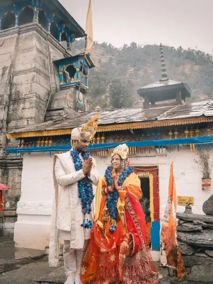 Getting married at the sacred Triyuginarayan temple, where Shiva and Parvati were wed, is truly special. I specialize in capturing these unique destination weddings, ensuring the sanctity and epic scale of the location are honored in every frame.