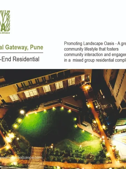 The Runal Gateway project in Pune, a high-end residential development designed as a 'Landscape Oasis'. The night-time view highlights our use of strategic lighting to create a safe, inviting, and beautiful environment that encourages community interaction after dark.