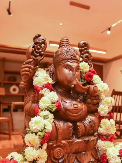 At the opening of my studio, this magnificent hand-carved teak Ganesha statue took center stage. I create spiritual idols like this to bring a sense of peace and meaning into your home.