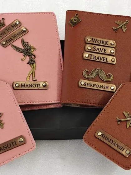This matching travel set is perfect for couples who love to explore the world together. It includes two personalized passport covers and matching luggage tags in pink and brown vegan leather, each with custom names and charms.