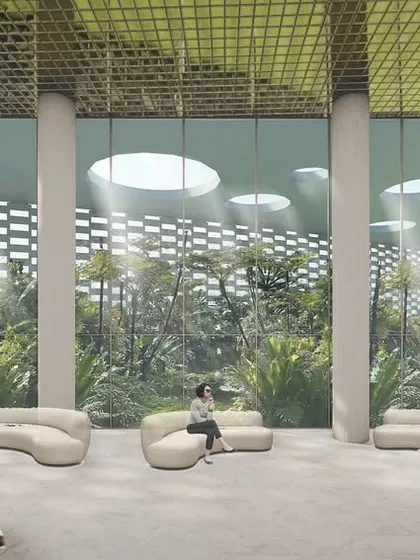 This rendering envisions the grand arrival lobby for a hotel, featuring large circular skylights and sculptural columns. The design aims to create a sense of awe while connecting guests to the landscaped gardens visible through the floor-to-ceiling glass.