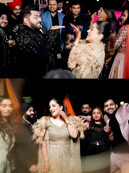 More fun, candid moments from the Sangeet dance floor, showing the couple enjoying the party with their friends.
