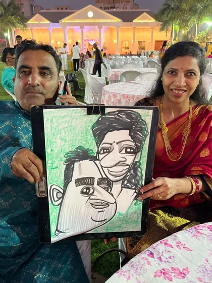 A couple's caricature from a wedding event. These portraits are a fun way for couples to remember the special day.