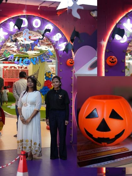 Our spooky Halloween setup, complete with a jack-o'-lantern. It was a treat to see all the kids in their creative costumes.