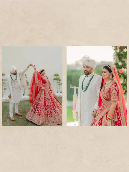 A collage of the bride in her stunning red lehenga, showing both a twirl and a quiet, seated pose.