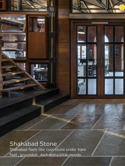 Shahabad stone feels like cool stone under bare feet. It's grounded, dark, and a little moody, adding depth and a sense of permanence to the floors of our studio.
