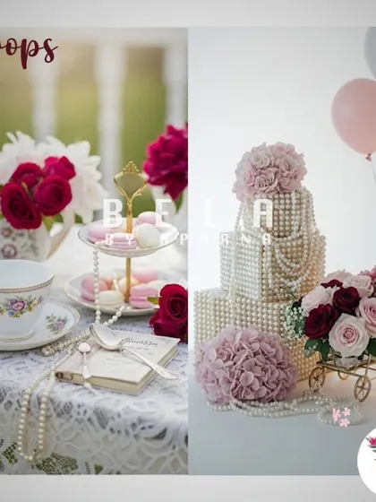 This split image highlights the small but crucial props that define a theme. On the left, a vintage tea set for a classic party; on the right, a pearl-draped cake and a miniature golden cart filled with flowers for a touch of luxury.
