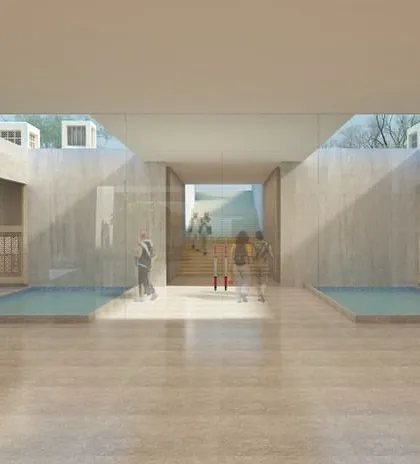 This rendering shows how light and water are used to define spaces within the interpretation centre. The design aims for a modesty of scale that complements, rather than competes with, the grandeur of the nearby monuments.