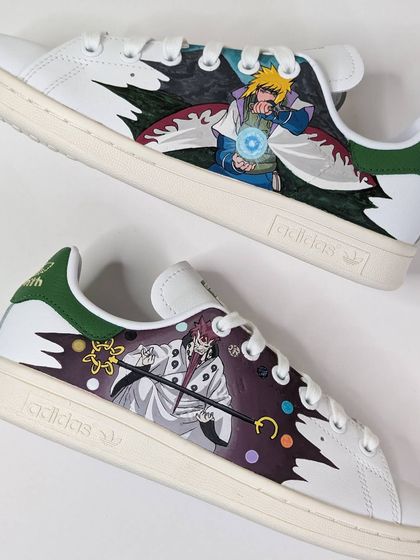 This custom Stan Smith pair features two legendary figures from Naruto: Minato Namikaze, the Yellow Flash, and Hagoromo Otsutsuki, the Sage of Six Paths.
