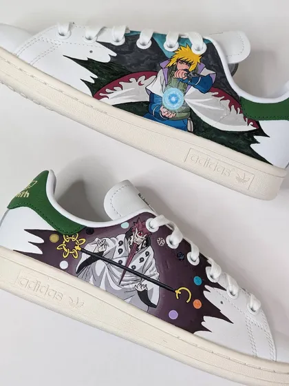 This custom Stan Smith pair features two legendary figures from Naruto: Minato Namikaze, the Yellow Flash, and Hagoromo Otsutsuki, the Sage of Six Paths.