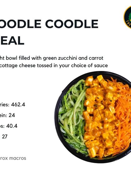 My Zoodle Coodle Meal is a light bowl filled with green zucchini and carrot noodles, tossed with cottage cheese in your choice of sauce. It's a balanced meal with 24g of protein.