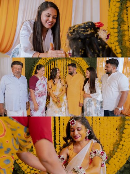 A collage from a bride's Mangalasnanam, showing her surrounded by family during the joyful ritual.