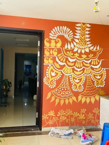 Here you can see how I extended the ethnic patterns to frame the entire doorway, creating a complete and immersive piece of art.