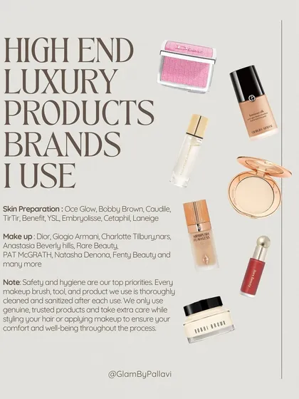 I believe in using only the best for my clients. This is a snapshot of the high-end, luxury brands I trust for skin preparation and makeup, including Dior, Charlotte Tilbury, and NARS, ensuring a premium and hygienic experience.