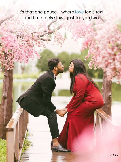 It's that one pause where love feels real and time feels slow. A pre-wedding shoot is a chance to create beautiful, romantic memories in a stunning location, like this cherry blossom-lined bridge, just for the two of you.