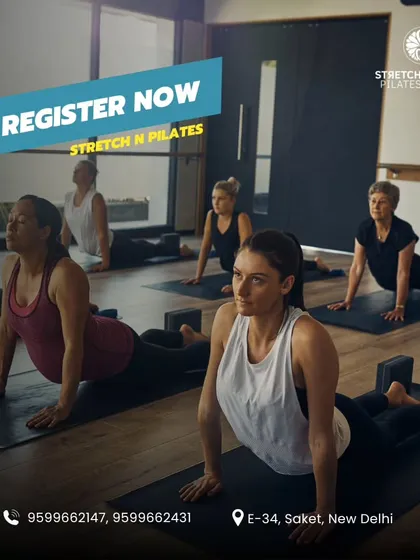 A clear call to action to register for our Mat Pilates classes, showing a group in a classic yoga pose that is also used in Pilates.