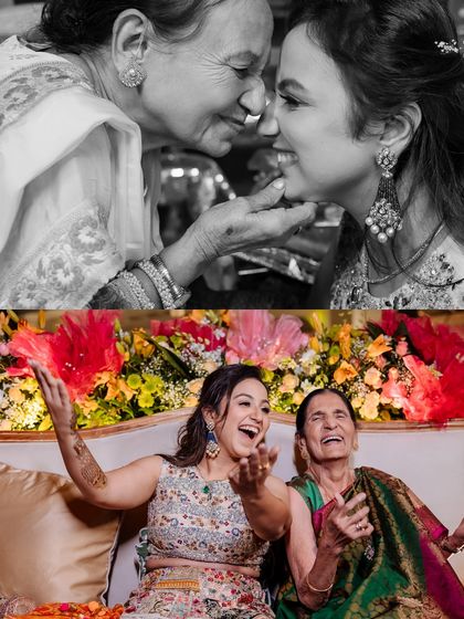 A touching collage of a bride sharing laughter and a tender moment with her grandmother during her Mehendi.