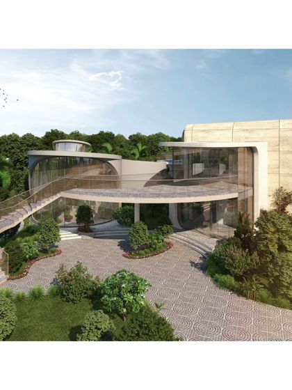 This render of the Cipla Museum highlights the relationship between the building's organic shapes and the carefully landscaped grounds. The design invites exploration and interaction, both inside and out.