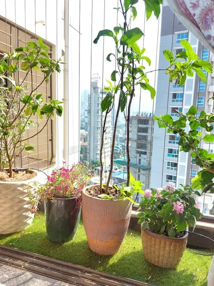 We created this vibrant outdoor space in a high-rise using artificial grass and a variety of flowering plants to attract butterflies and birds.