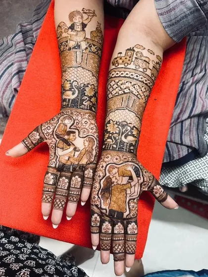 The complete view of the family-themed mehendi, with portraits on the palms and illustrations of the son's favorite toys and moments on the arms.