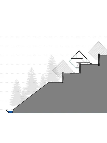 A section showing how the Suwakholi cabins are terraced along the steep slope, minimizing excavation and allowing each unit to have an unobstructed view.