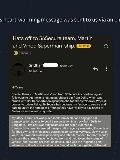 A screenshot of the heartfelt email from Sridhar, detailing the challenge he faced with a transportation agency holding his car. It shows his initial contact and appreciation for our team's intervention.