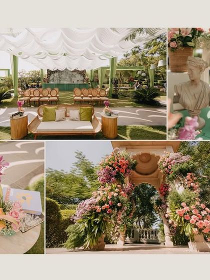 The beautiful floral and pastel decor for Mehul and Divya's Mehendi at Raffles Udaipur. This image highlights how we capture the aesthetic details that make a destination wedding unique.