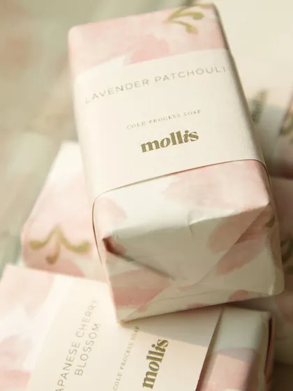 A close-up of the elegantly wrapped Lavender Patchouli soap.