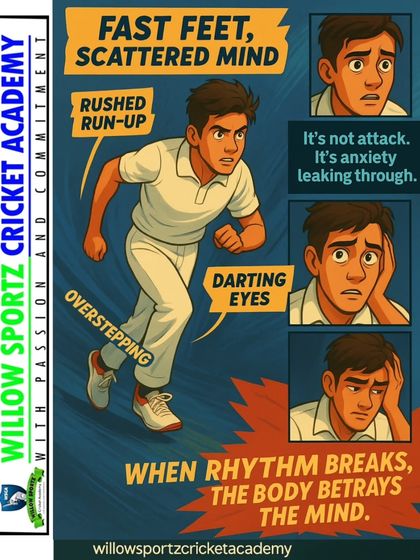 When rhythm breaks, the body betrays the mind. This infographic shows how anxiety can lead to a rushed run-up, overstepping, and poor bowling.