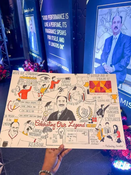 A closer look at the finished farewell doodle for Dr. Santrupt Misra. The artwork is filled with details representing his accomplishments and the respect he earned, a visual tribute to a legendary career.