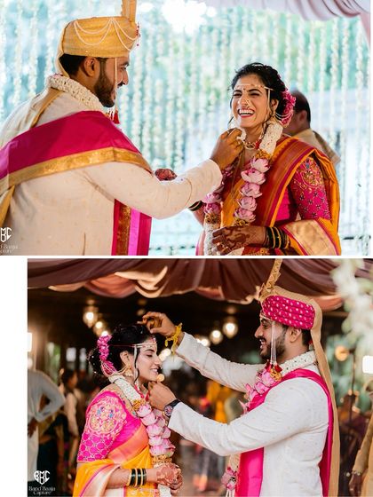 A collage of sweet and playful moments from a Maharashtrian wedding ceremony, from feeding each other sweets to the tying of the mangalsutra.