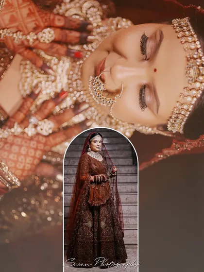 A creative album layout with a close-up of the bride's face overlaid on a full-length portrait.
