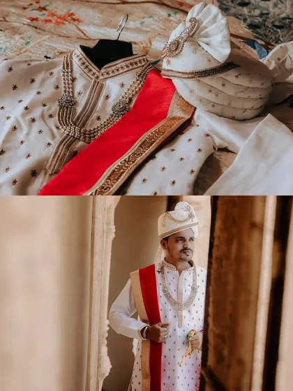 The groom's attire laid out and a portrait of him looking regal in his sherwani and turban. Capturing the groom's preparation is a key part of the wedding narrative.