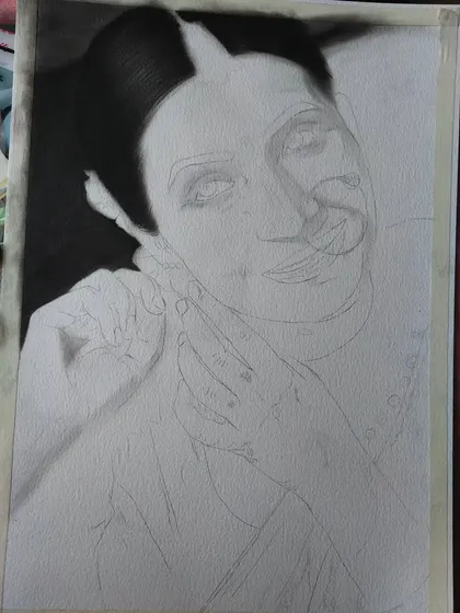 An early stage of the bride portrait, where I am establishing the dark background and the initial shading on her hair to create a strong contrast.