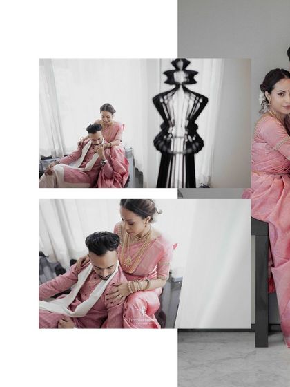 A collage showing the couple in traditional attire, sharing quiet, intimate moments during their engagement session.