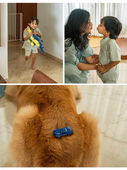 A collage of pure childhood joy. Sumer runs with his toy dinosaur, shares a sweet kiss with his mom, and even uses his furry friend Ziggy as a parking spot for his toy car. It's these quirky, everyday moments that tell the real story.
