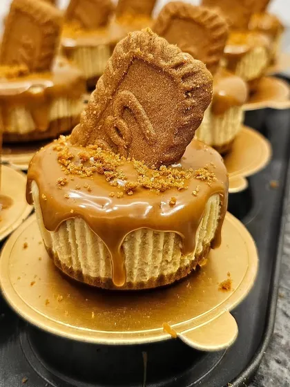 A close-up of a delicious Biscoff mini cheesecake, with a creamy texture and generous Biscoff topping.