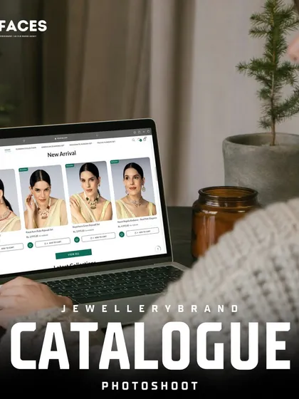 The "New Arrival" section of a jewellery website on a laptop, showcasing our model photography. We deliver fresh and timely content for new collections, ensuring your online store always looks current.