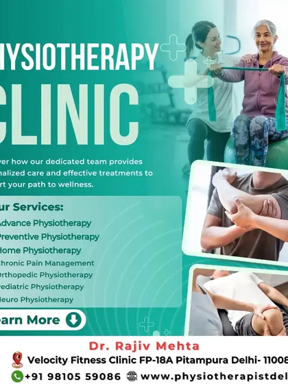 My clinic offers a path to wellness with services like advanced physiotherapy, chronic pain management, and specialized orthopedic care. This image shows a therapist guiding a senior patient with resistance bands to build strength.