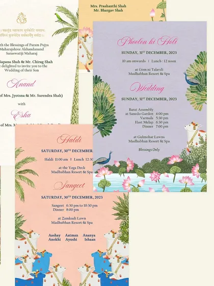 A collage of event cards, including the Haldi and Sangeet invitations. The designs use a mix of vibrant colors and traditional motifs like peacocks and lotus ponds to represent the different celebrations.