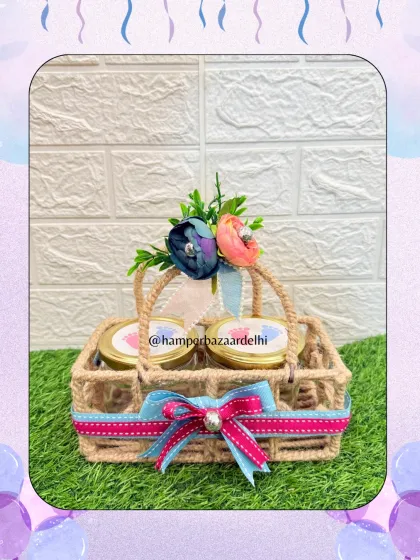 This simple two-jar hamper in a jute tray is an elegant and affordable gift for any occasion.