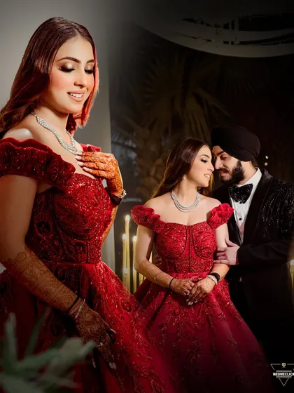 A composite portrait of the bride, showcasing her beautiful red gown and her happy, confident expression.