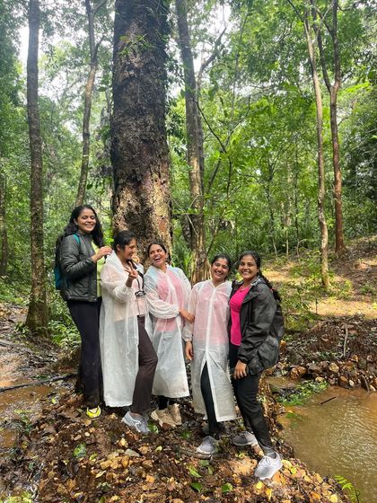 Friends posing by a large tree in the Kodachadri forest.