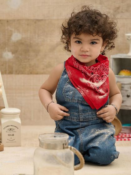 A portrait of a curly-haired chef. The denim overalls and red bandana complete this adorable and rustic kitchen look.