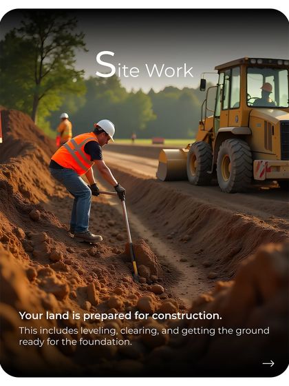 The first step on your property is preparing the land. My team handles the leveling, clearing, and groundwork to create a stable and suitable base for your new home's foundation.